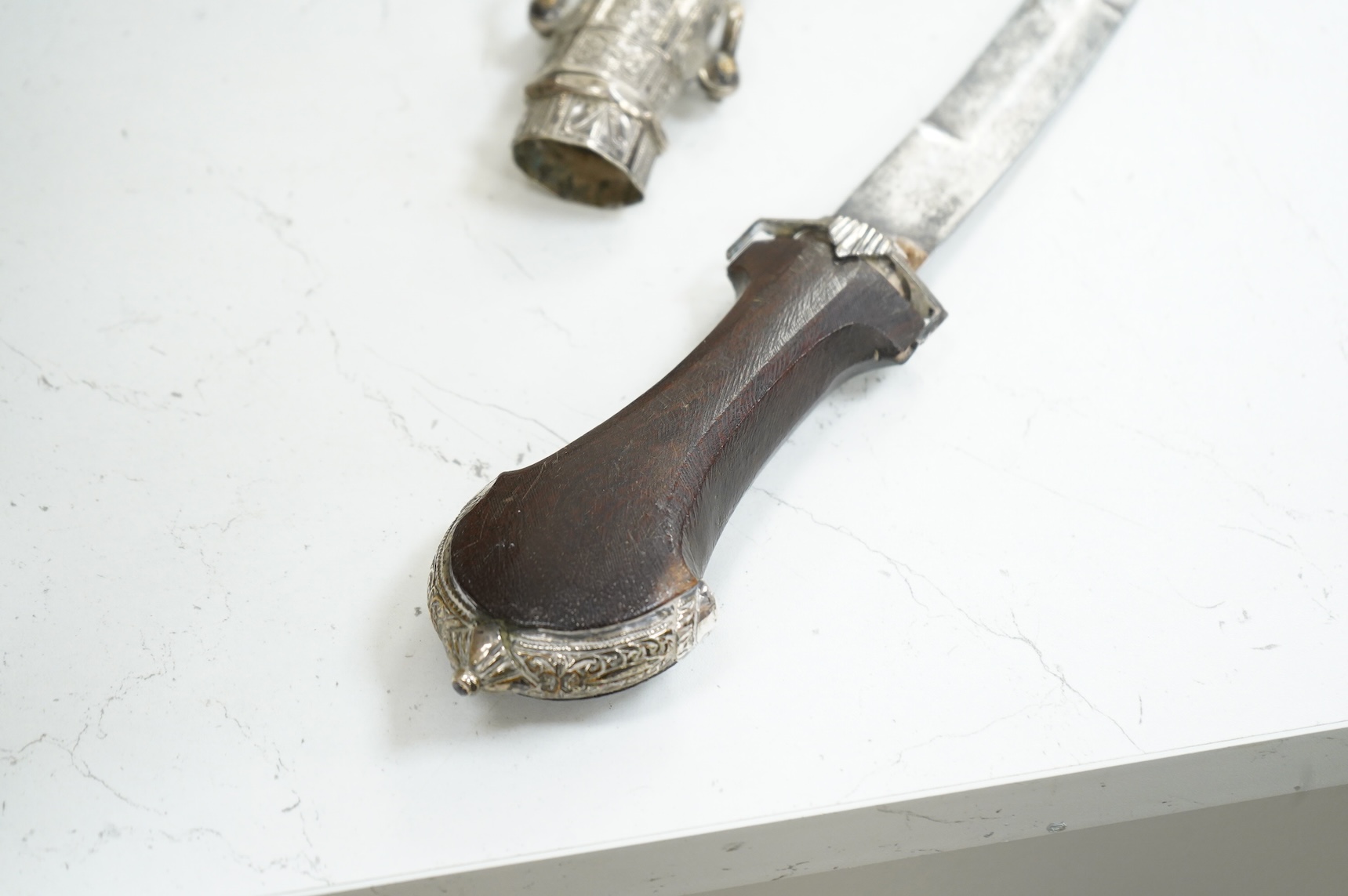 A cased Moroccan hallmarked silver mounted hardwood handled dagger jambya, overall length 42cm